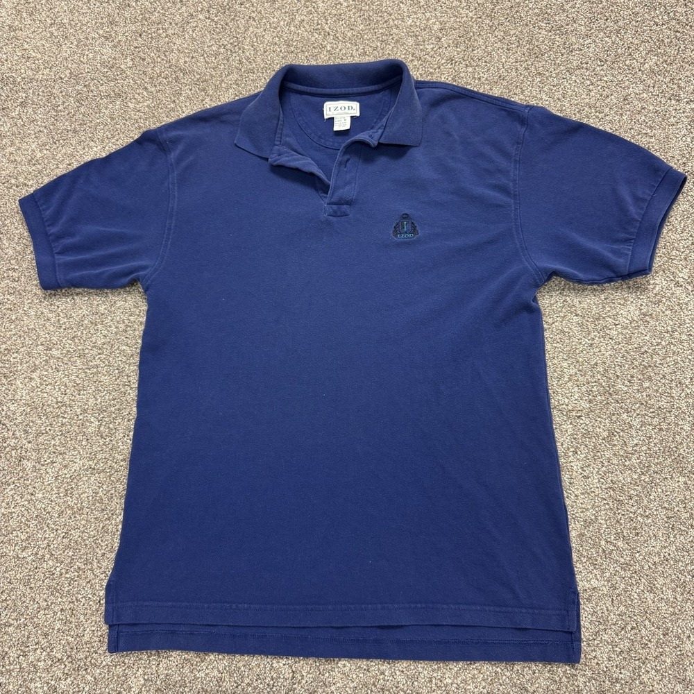 Vintage IZOD Polo Shirt Mens M Blue Solid Cotton Knit Short Sleeve Logo Top